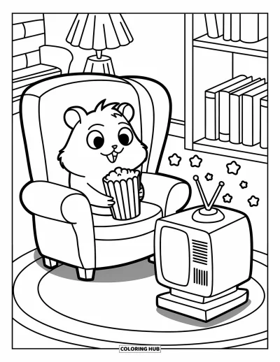 Desenho de Hamster para Colorir para Adultos: Um hamster sentado em uma poltrona com pipoca, assistindo TV em um quarto aconchegante com um tapete