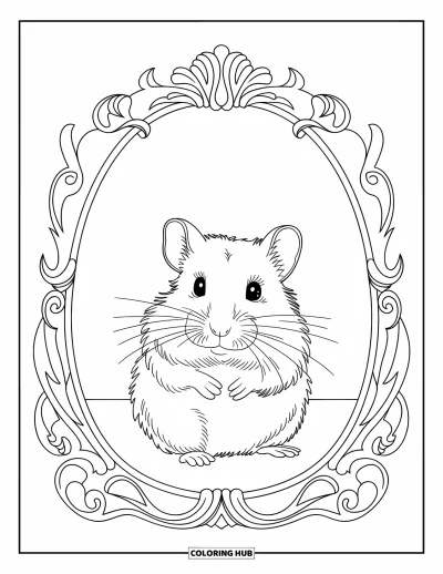 Desenho de hamster para colorir para adultos: Um hamster sentado dentro de uma moldura ornamentada com padrões intrincados e arte detalhada