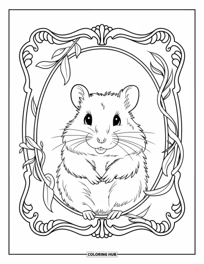 Desenho de Hamster para Colorir para Adultos: Um hamster sentado dentro de uma moldura ornamentada com padrões intrincados e vinhas sutis