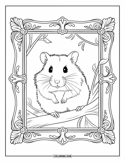 Desenho de hamster para colorir para adultos: Um hamster sentado em um galho dentro de uma moldura ornamentada com padrões e detalhes intrincados