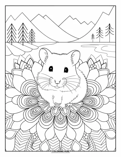 Desenho de hamster para colorir para adultos: Um hamster sentado em uma flor detalhada, cercado por padrões de mandala floral em uma paisagem serena
