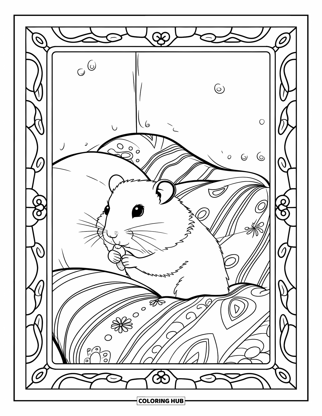 Hamster Coloring Page for Adults: A hamster sitting on a pillow in a cozy corner with patterned blankets, holding a small toy