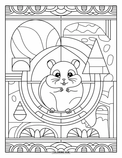 Desenho de hamster para colorir para adultos: Um hamster sentado em uma roda em uma gaiola, cercado por formas geométricas e padrões intrincados