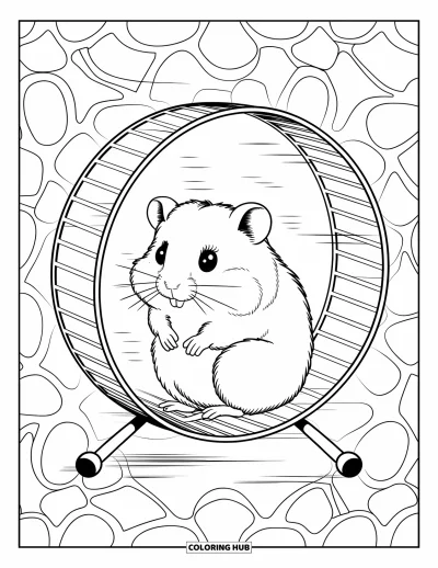 Desenho de hamster para colorir para adultos: Um hamster sentado em uma roda, cercado por linhas onduladas estilo paisley e círculos interconectados no fundo