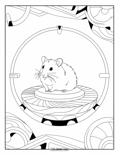 Desenho de hamster para colorir para adultos: Um hamster sentado em uma base de madeira cercado por formas geométricas e curvas suaves