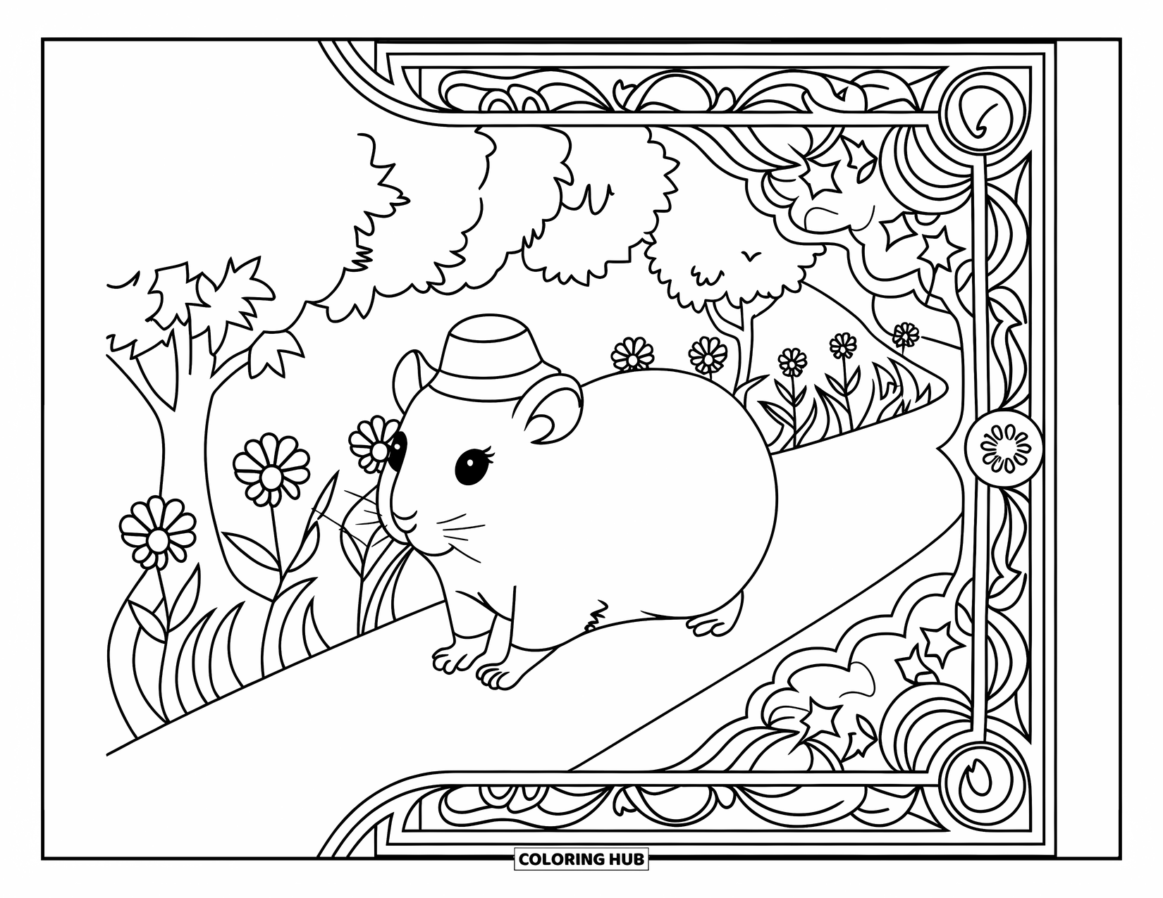 Hamster Coloring Page for Adults: A hamster walking along a flower-lined path, wearing a tiny hat, with intricate decorative borders