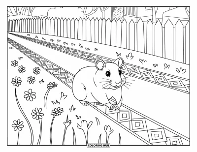 Desenho de hamster para colorir para adultos: Um hamster caminhando ao longo de um caminho florido com uma cerca de madeira e bordas decorativas