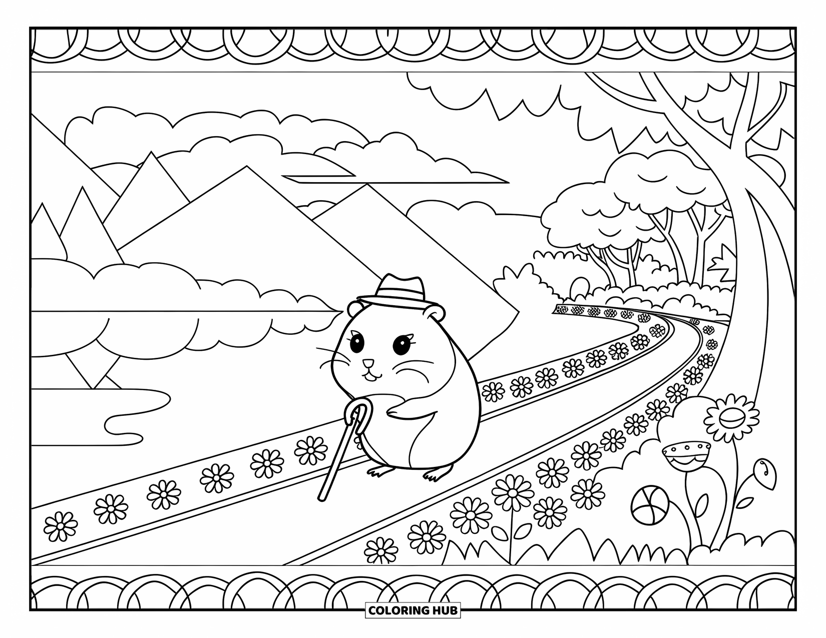 Hamster Coloring Page for Adults: A hamster walking along a path, wearing a tiny hat and carrying a cane, with flowers and trees