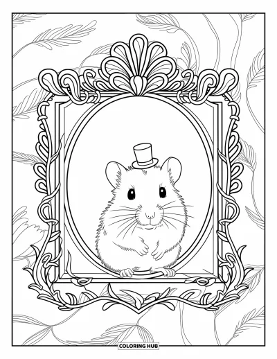 Desenho de hamster para colorir para adultos: Um hamster usando uma mini cartola dentro de uma moldura ornamentada com padrões intrincados e vinhas sutis
