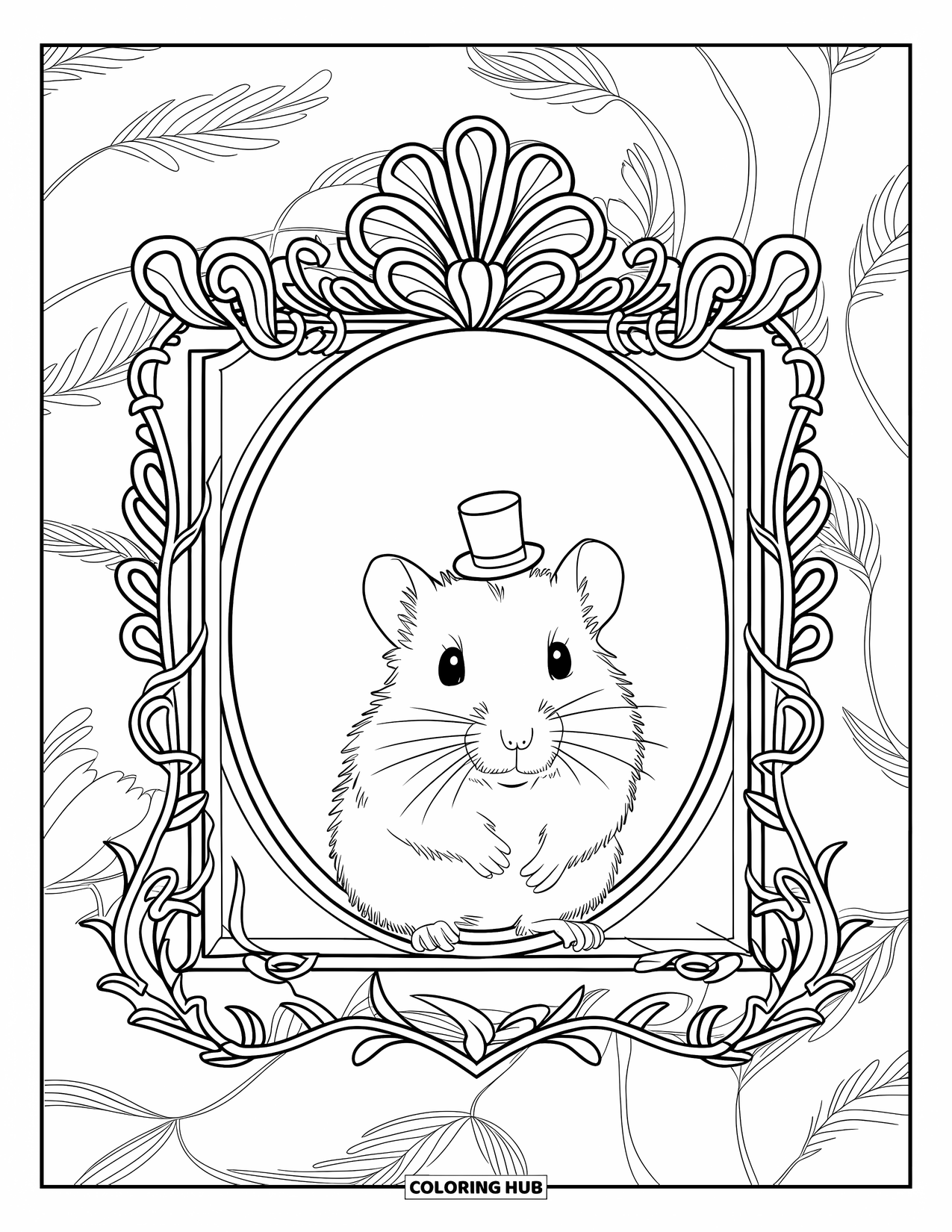 Hamster Coloring Page for Adults: A hamster wearing a tiny top hat inside an ornate frame with intricate patterns and subtle vines
