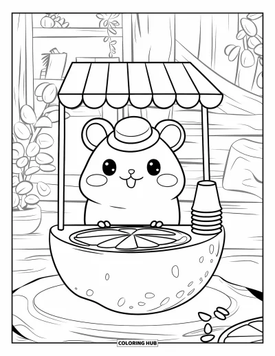 Desenho de Hamster para Colorir para Adultos: Um hamster kawaii atrás de uma barraca de limonada em forma de meio limão, com copos e uma atmosfera aconchegante