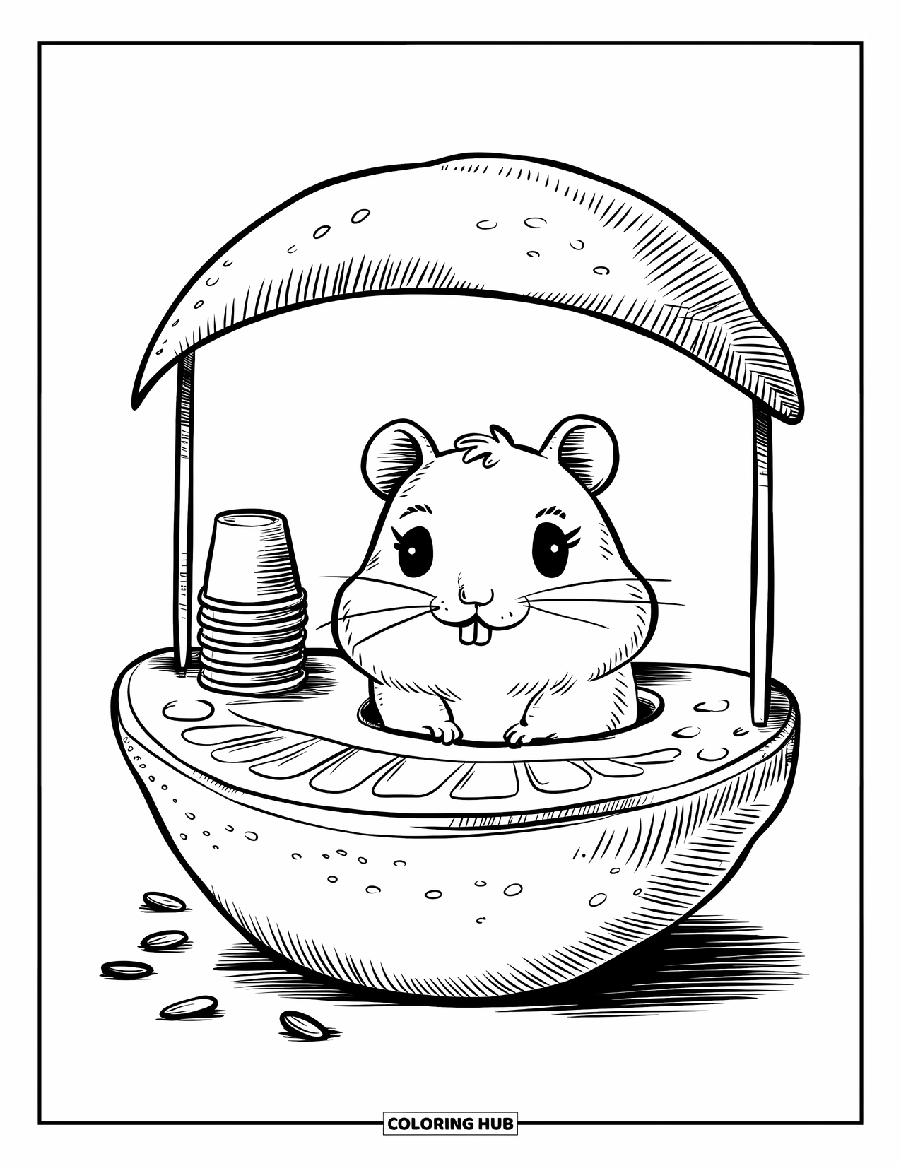 Hamster Coloring Page for Adults: A kawaii hamster behind a lemonade stand shaped like half a lemon, with cups and seeds