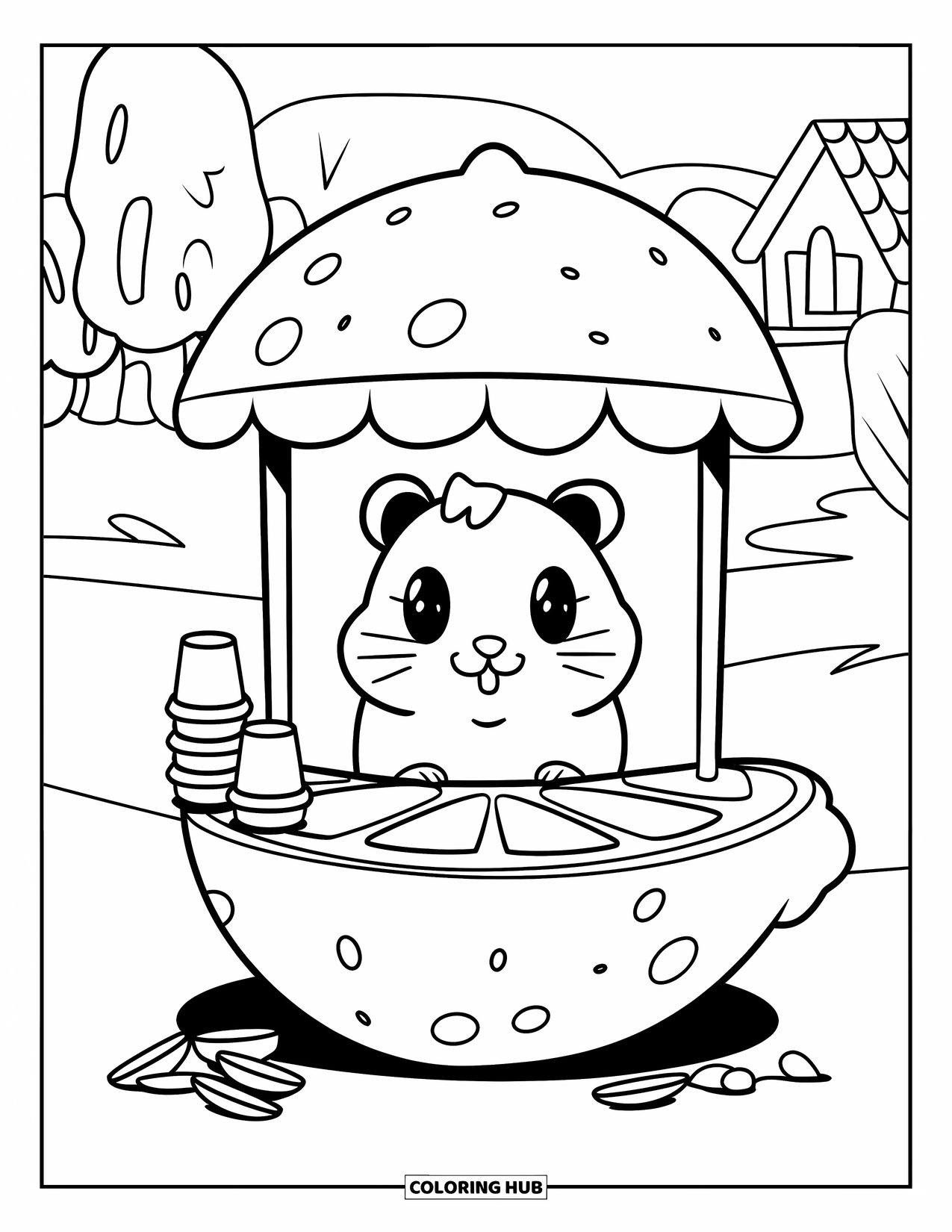 Hamster Coloring Page for Adults: A kawaii hamster behind a lemonade stand with cups and sunflower seeds, surrounded by trees