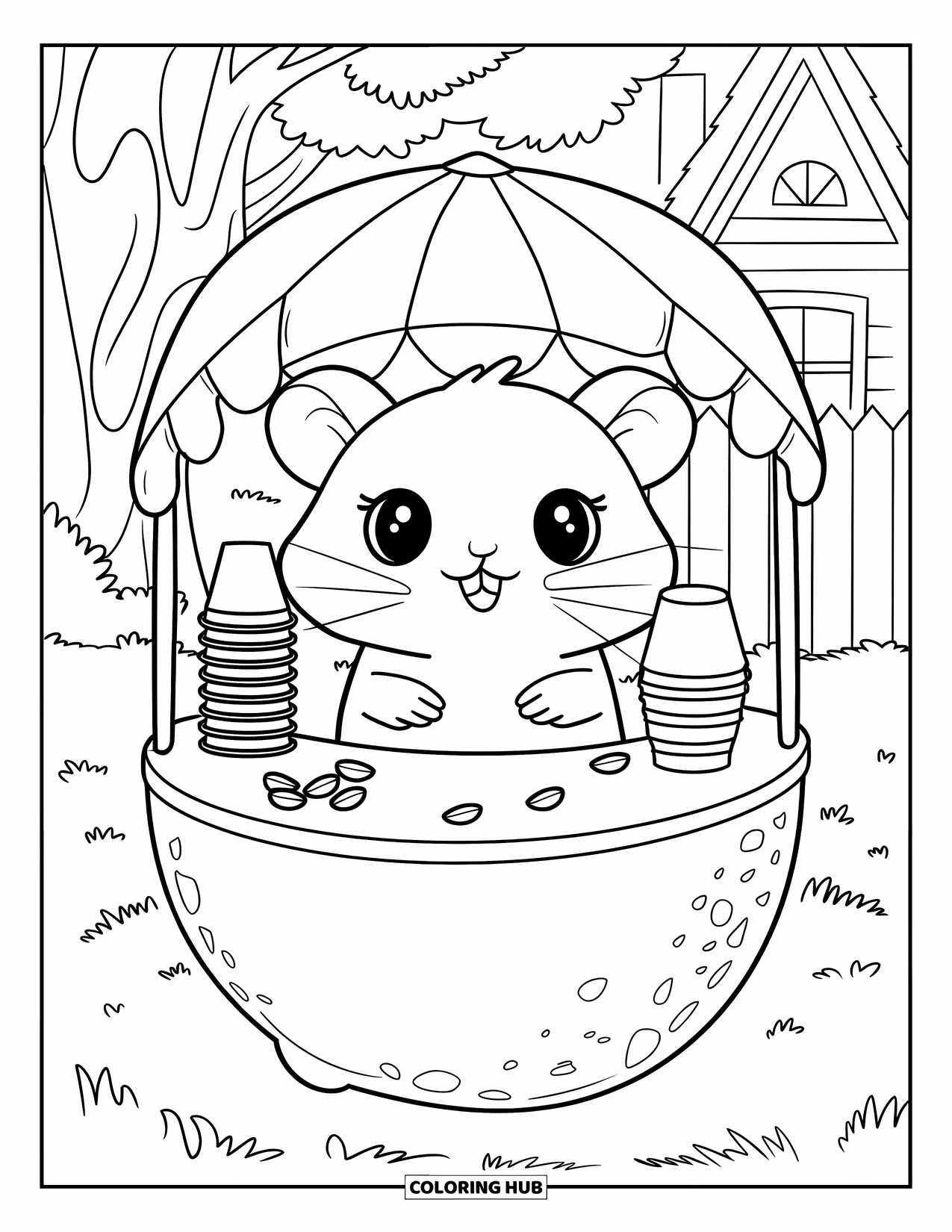 Hamster Coloring Page for Adults: A kawaii hamster behind a lemonade stand with cups, seeds, and a cozy scene with a tree