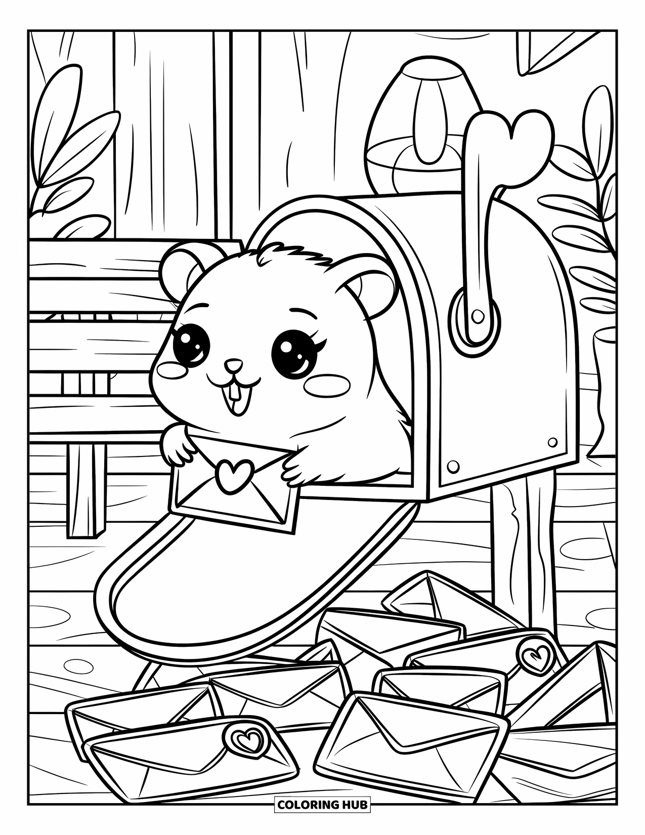 Hamster Coloring Page for Adults: A kawaii hamster holds a letter with a heart seal, sitting on tiny envelopes and stamps