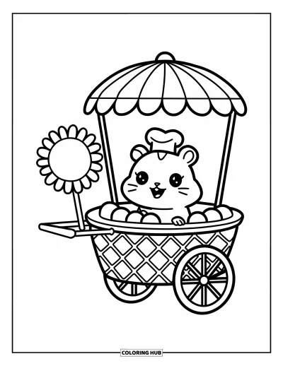 Desenho de Hamster para Colorir para Adultos: Um hamster kawaii serve sorvete de um carrinho de cone de waffle com uma placa de girassol e chapéu de chef