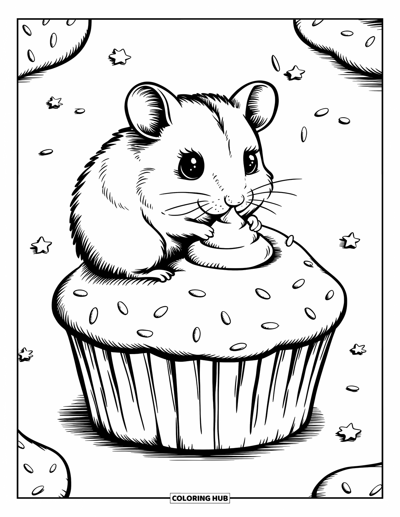 Hamster Coloring Page for Adults: A kawaii hamster sits on a cupcake, nibbling frosting with sprinkles and stars