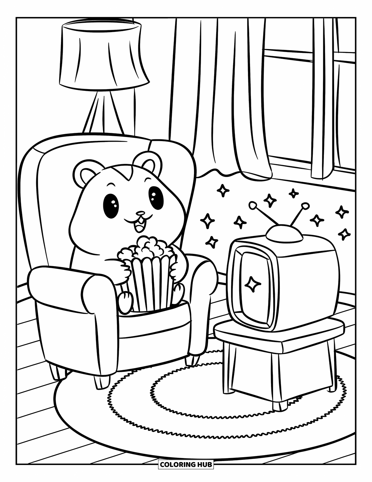 Hamster Coloring Page for Adults: A kawaii hamster sitting in an armchair, holding popcorn, with floating stars and a cozy room