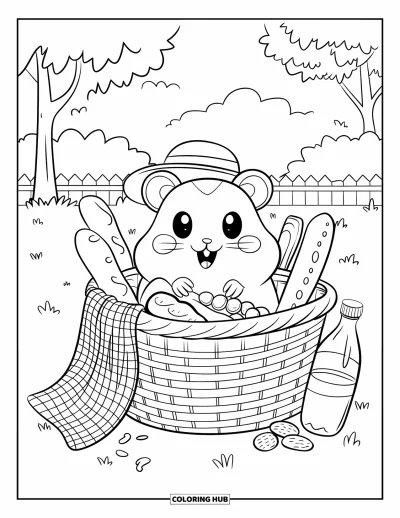 Desenho de Hamster para Colorir para Adultos: Um hamster kawaii com um chapéu espreita para fora de uma cesta de piquenique cheia de guloseimas em um ambiente sereno