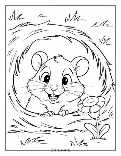 Desenho de Hamster para Colorir para Crianças: Um hamster alegre com olhos redondos espreita para fora de uma toca de feno com uma flor por perto