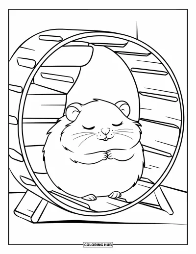 Desenho de Hamster para Colorir para Crianças: Um hamster gordinho dorme dentro de uma roda de hamster de madeira aconchegante sem detalhes de fundo