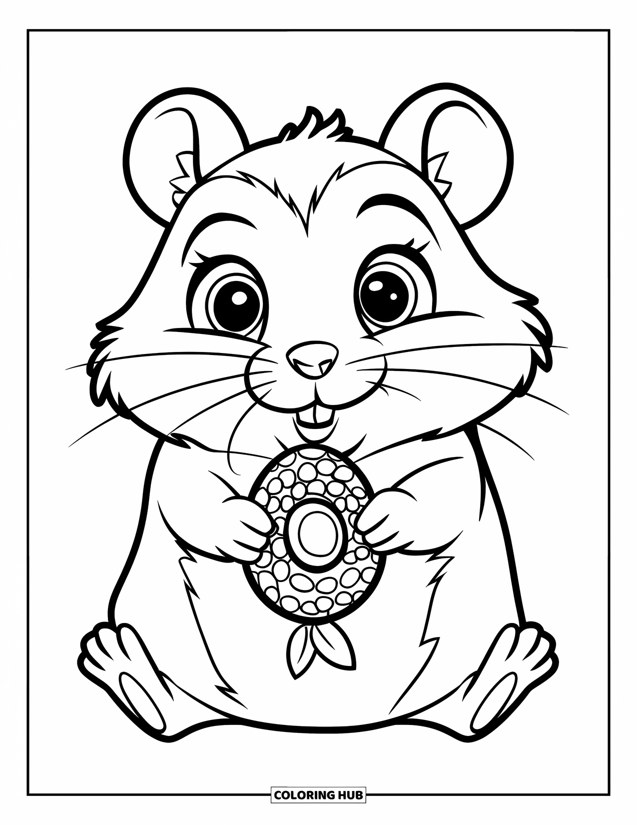 Hamster Coloring Page for Kids: A cute hamster sits upright, holding a sunflower seed, with a small nose and round eyes
