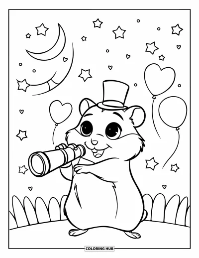 Desenho de Hamster para Colorir para Crianças: Um hamster segura um mini telescópio, em pé nas patas traseiras sob um céu noturno estrelado