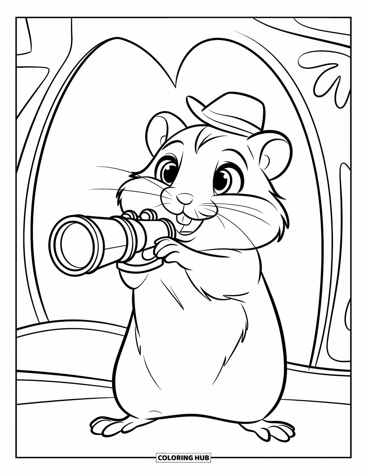 Hamster Coloring Page for Kids: A hamster holds a mini telescope, standing on its hind legs, with a simple background
