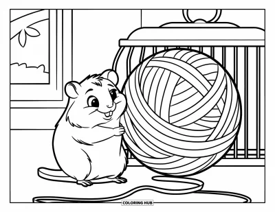 Desenho de Hamster para Colorir para Crianças: Um hamster em uma gaiola segura uma bola gigante de lã, com um fundo de quarto simples