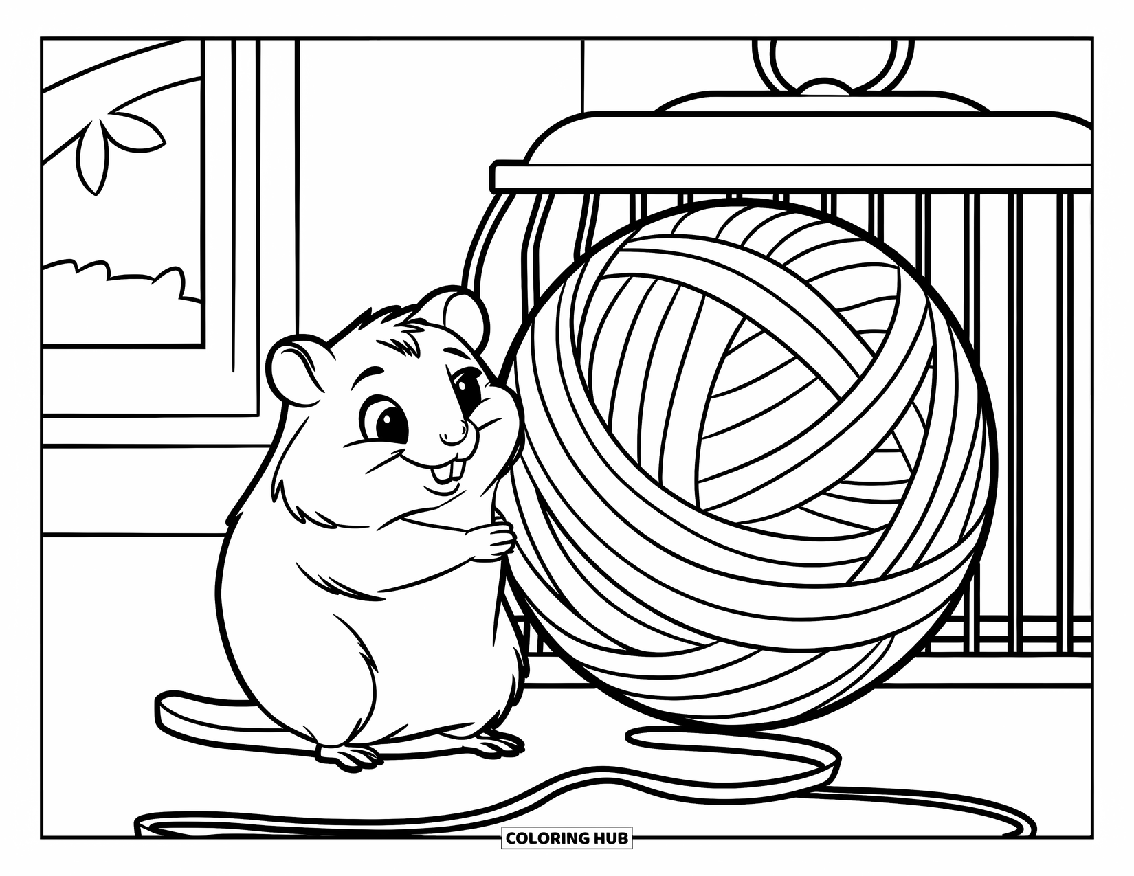 Hamster Coloring Page for Kids: A hamster in a cage holds a giant ball of yarn, with a simple room background