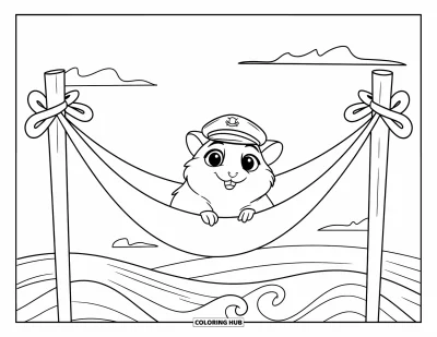 Desenho de Hamster para Colorir para Crianças: Um hamster com um chapéu de capitão descansa em uma rede acima das ondas