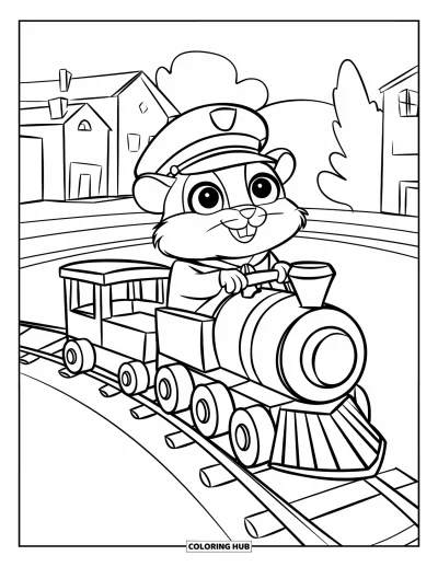 Desenho de Hamster para Colorir para Crianças: Um hamster com um chapéu de maestro anda em um trem de brinquedo em um trilho circular com edifícios
