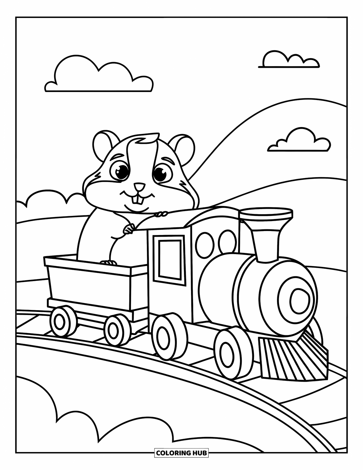 Hamster Coloring Page for Kids: A hamster in a conductor's hat rides a toy train on a track with a few clouds