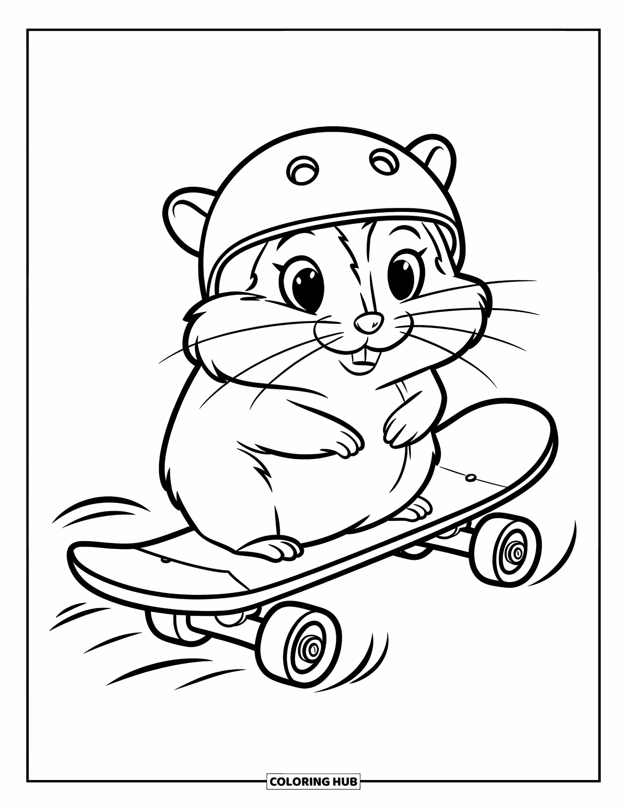 Hamster Coloring Page for Kids: A hamster in a helmet sits on a skateboard, with motion lines, against a white background