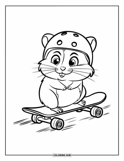 Desenho de Hamster para Colorir para Crianças: Um hamster de capacete está sentado em um skate, com linhas de movimento e uma expressão focada