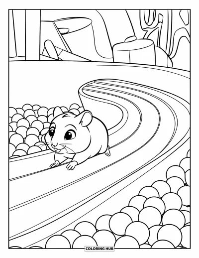 Desenho de Hamster para Colorir para Crianças: Um hamster com uma roupa de corrida corre em uma pista curva em uma piscina de bolinhas colorida