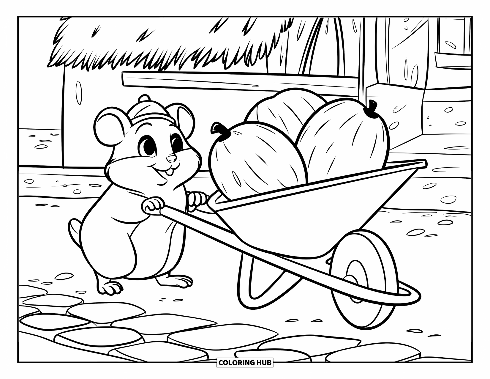 Hamster Coloring Page for Kids: A hamster in a small hat pushes a wheelbarrow with three large nuts on a cobblestone path