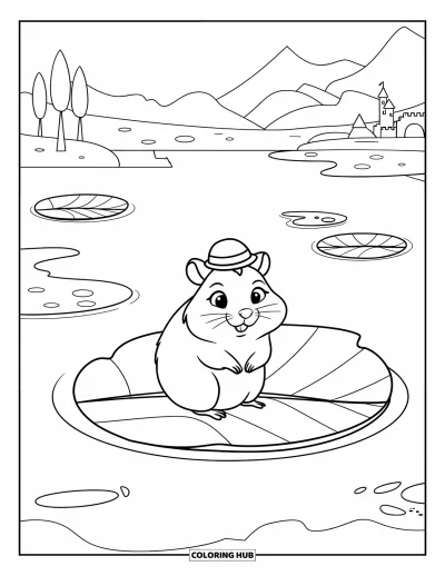 Desenho de Hamster para Colorir para Crianças: Um hamster com um chapéu pequeno está sentado em uma folha grande flutuando na água