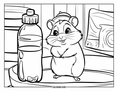 Desenho de Hamster para Colorir para Crianças: Um hamster com um chapéu pequeno está perto de uma garrafa de água, com uma vibe alegre e simples
