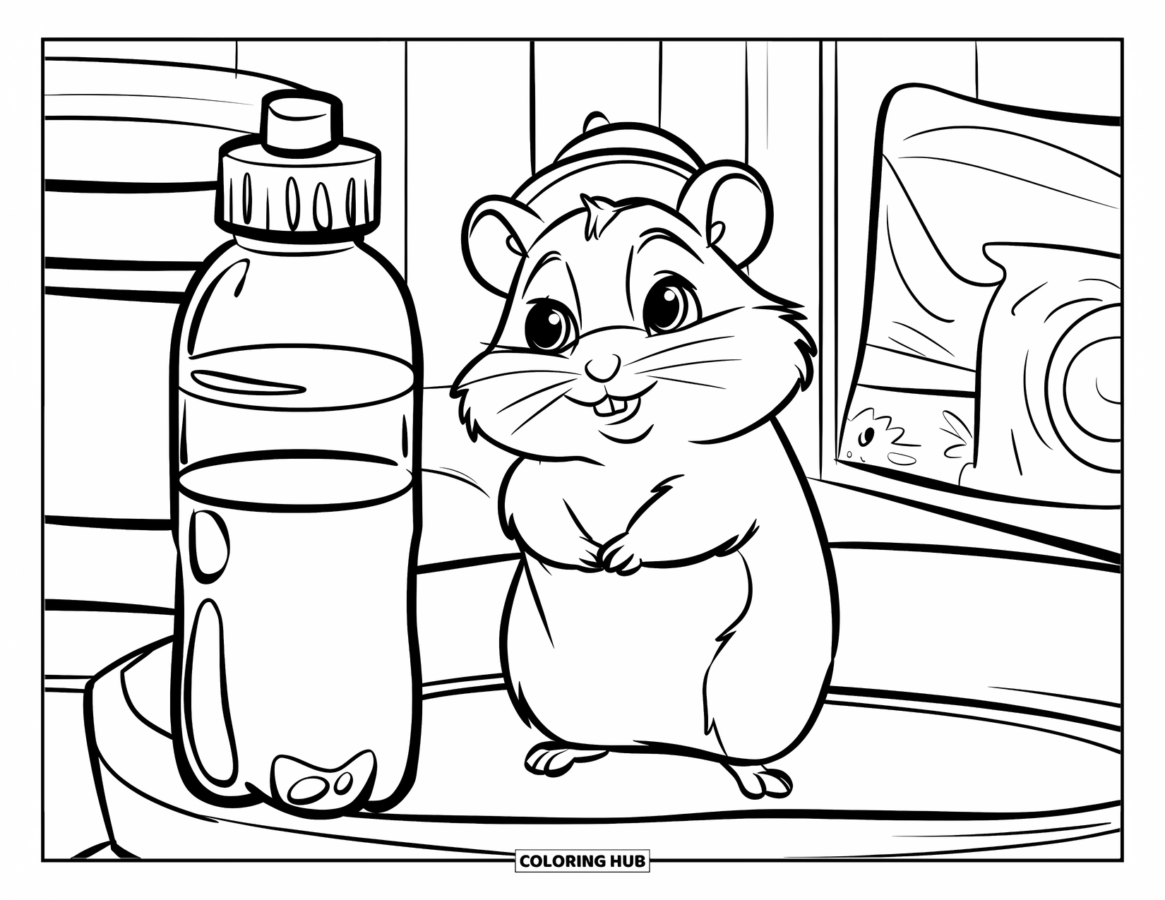 Hamster Coloring Page for Kids: A hamster in a small hat stands near a water bottle, with a cheerful and simple vibe