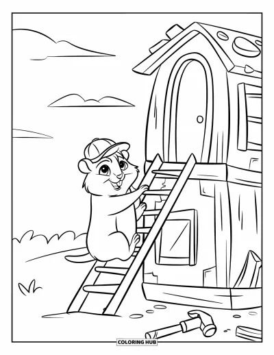 Desenho de Hamster para Colorir para Crianças: Um hamster com um chapéu de construção minúsculo sobe uma escada para um pequeno esconderijo com ferramentas por perto