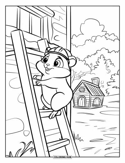 Desenho de Hamster para Colorir para Crianças: Um hamster com um capacete de construção minúsculo sobe uma escada para uma casinha com uma chaminé
