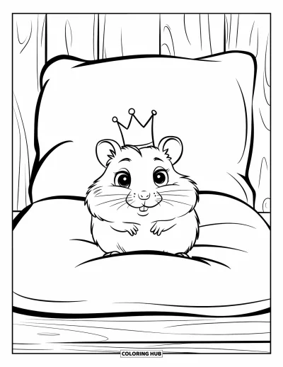 Desenho de hamster para colorir para crianças: Um hamster com uma coroinha sentado sobre uma almofada em uma superfície de madeira