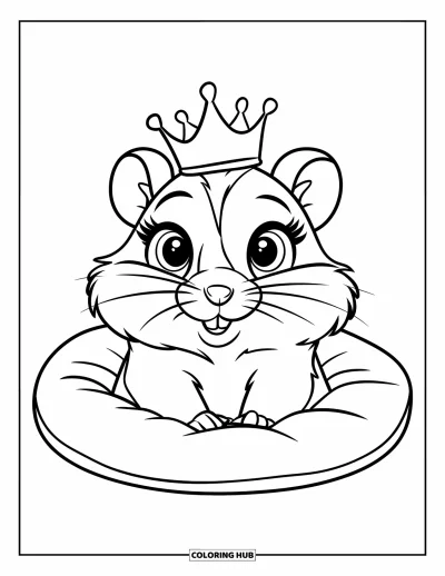 Desenho de hamster para colorir para crianças: Um hamster com coroinha sentado em uma almofada com contornos bem marcados