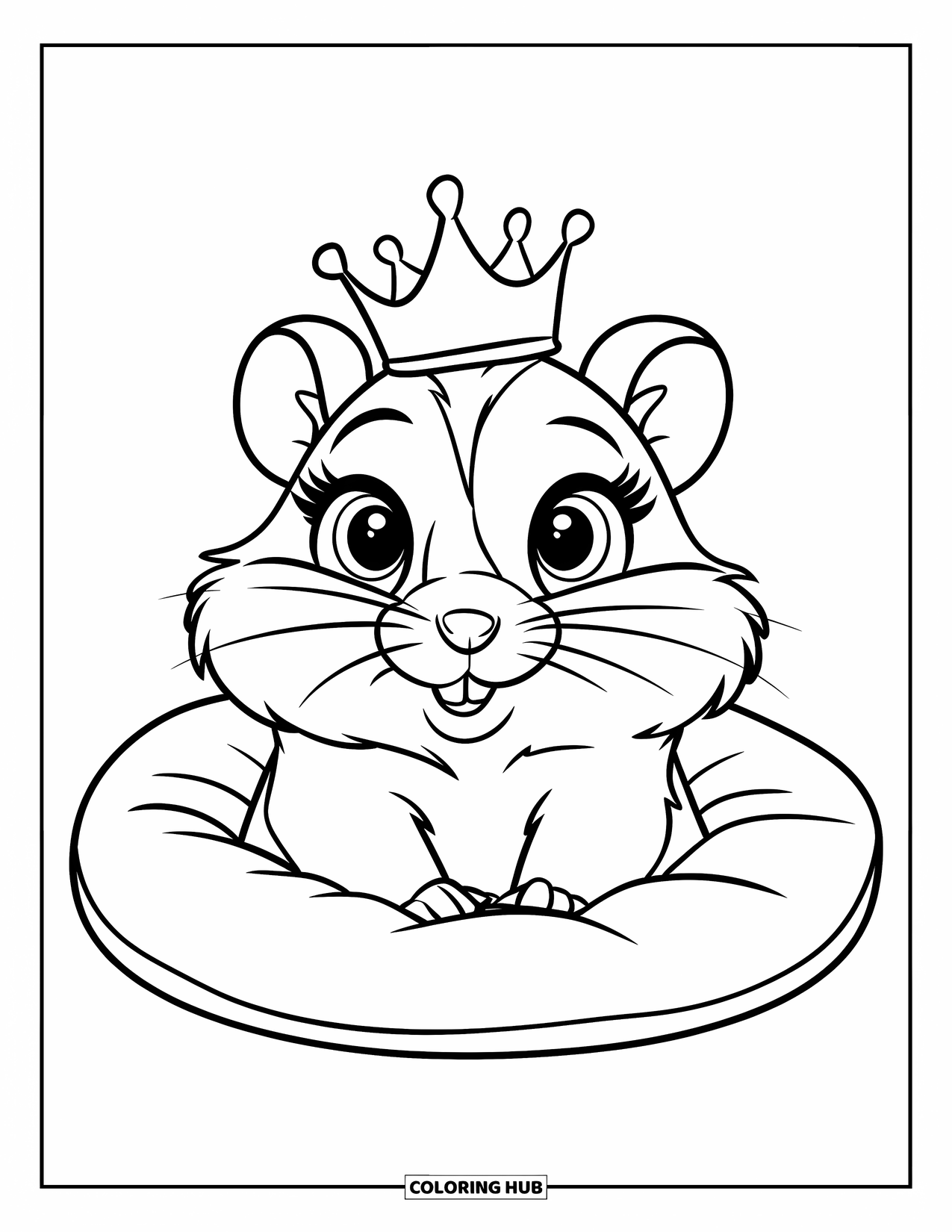 Hamster Coloring Page for Kids: A hamster in a tiny crown sits on a plain cushion with bold outlines