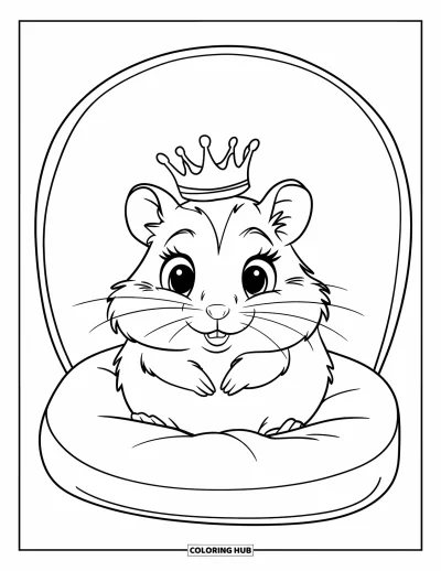 Desenho de Hamster para Colorir para Crianças: Um hamster com uma coroa minúscula está sentado em uma almofada redonda simples com contornos marcantes
