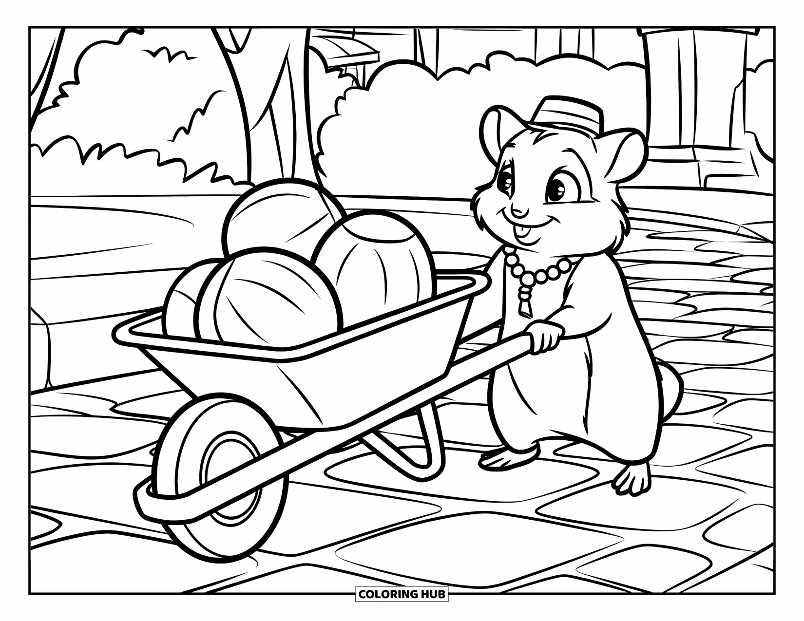 Hamster Coloring Page for Kids: A hamster in a tiny hat and beaded necklace pushes a wheelbarrow with three nuts