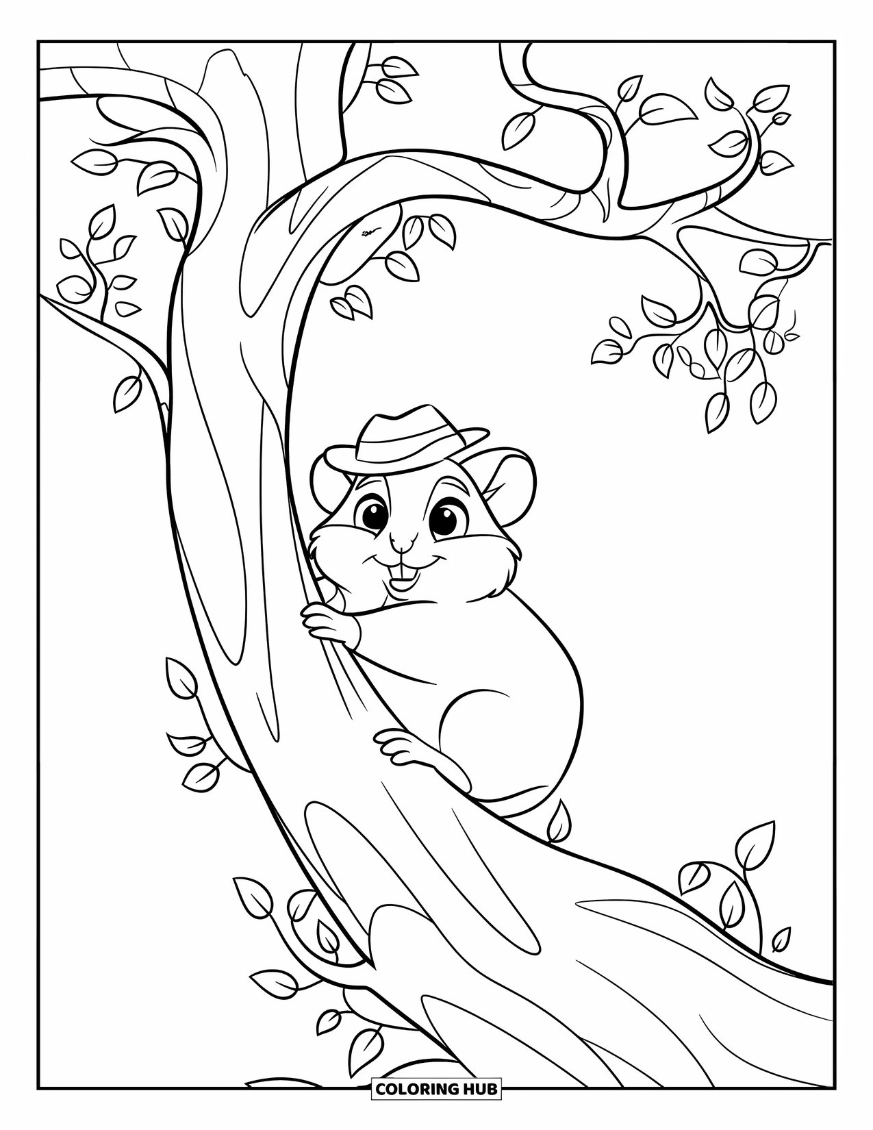 Hamster Coloring Page for Kids: A hamster in a tiny hat climbs a tree trunk with leaves and branches, against a white background