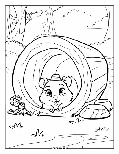 Desenho de Hamster para Colorir para Crianças: Um hamster com um chapéu minúsculo espreita por trás de um tronco cercado por flores, pedras e árvores