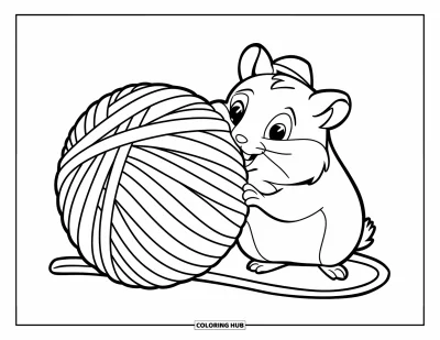 Desenho de Hamster para Colorir para Crianças: Um hamster com um chapéu minúsculo brinca com uma bola de lã oversized, com um fundo simples